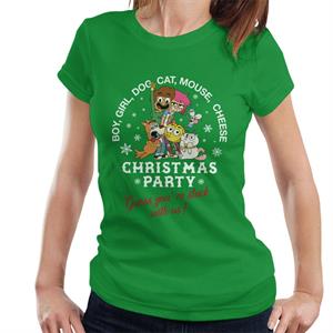 Boy Girl Dog Cat Mouse Cheese Christmas Party Women's T-Shirt