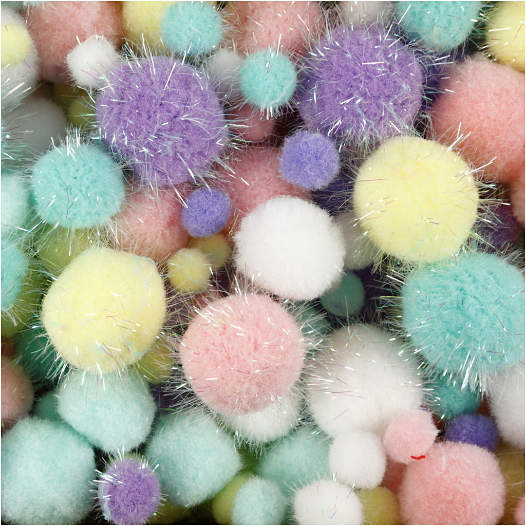 Pompoms, Dia. 15-40 mm, glitter, pastel colours, 62 g/ 1 pack