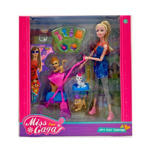 Miss Gaga Doll Set with Pets and Accessories (with Pram)