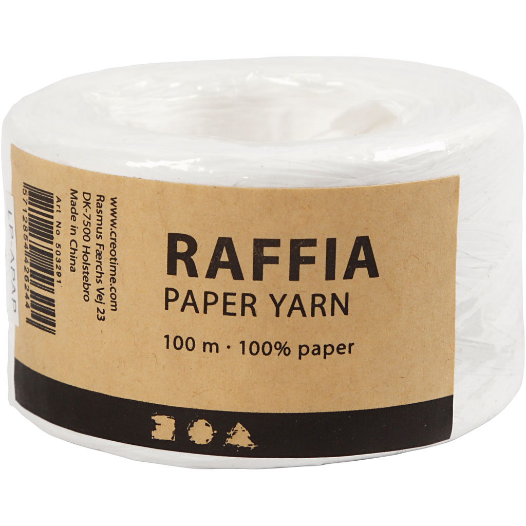 Paper Raffia Yarn, W: 7-8 mm, White, 100 M, 1 Roll